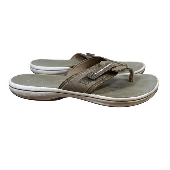Clarks Cloudsteppers Brinkley Jazz Tan Thong Sandals Flip Flops Brown Adjustable - Picture 5 of 8